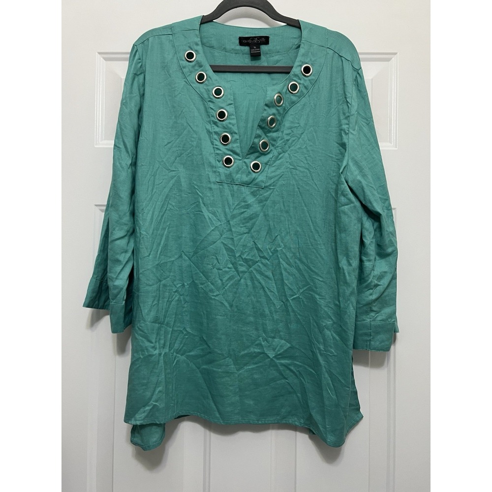August Silk Womens 100% Linen Tunic Blouse Sz XL Green Teal Grommets 3/4 Sleeve